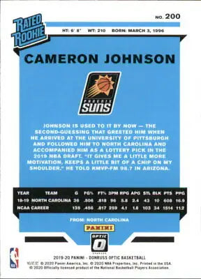 Cameron Johnson 2019-20 Donruss Optic Rookie Card for Phoenix Suns NM-MT