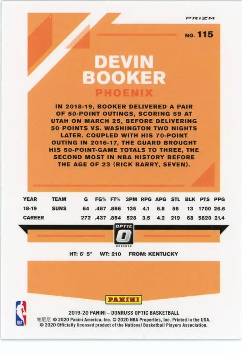 Devin Booker basketball card from 2019-20 Donruss Optic Blue Velocity featuring Phoenix Suns