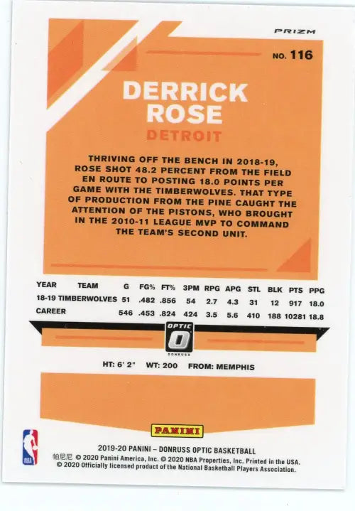 2019-20 Donruss Optic Blue Velocity #116 Derrick Rose Detroit Pistons Card NM-MT