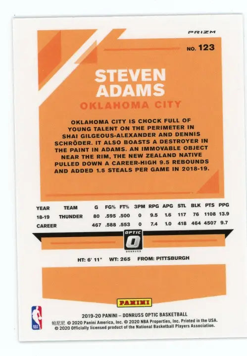 Steven Adams basketball card from 2019-20 Donruss Optic Blue Velocity set