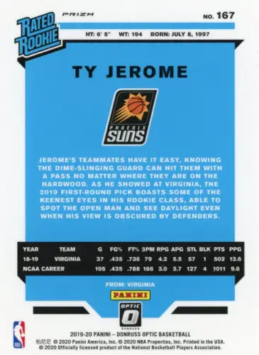 Ty Jerome basketball card from 2019-20 Donruss Optic Blue Velocity Phoenix Suns NM-MT