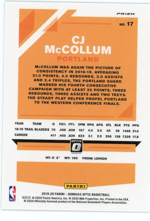 2019-20 Donruss Optic Blue Velocity #17 CJ McCollum Portland Trail Blazers NM-MT