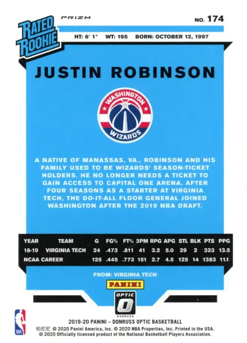 2019-20 Donruss Optic Blue Velocity #174 Justin Robinson Rookie Wizards NM-MT