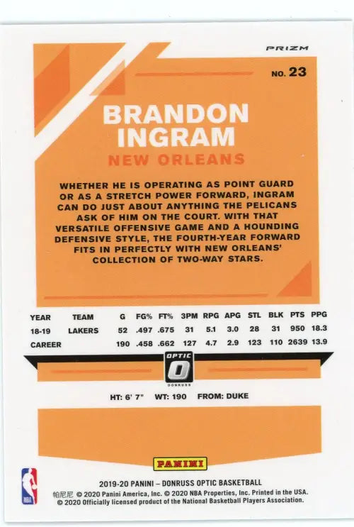 2019-20 Donruss Optic Blue Velocity 23 Brandon Ingram New Orelans Pelicans NM-MT