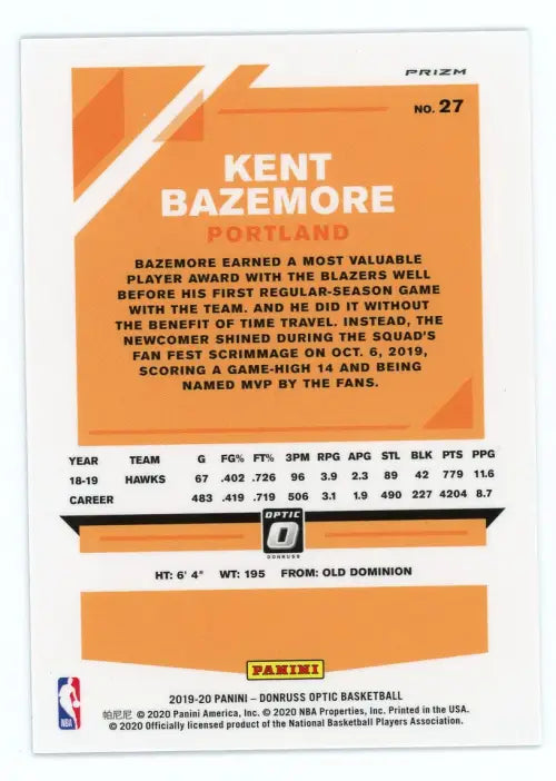 2019-20 Donruss Optic Blue Velocity #27 Kent Bazemore Trail Blazers Card NM-MT