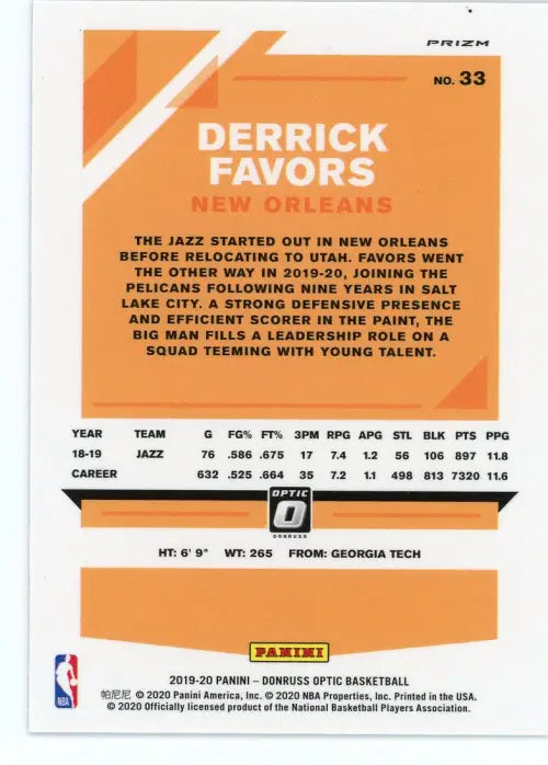 2019-20 Donruss Optic Blue Velocity 33 Derrick Favors New Orleans Pelicans NM-MT