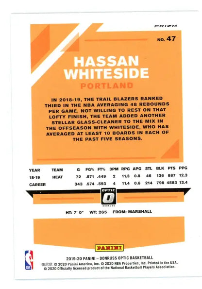 2019-20 Donruss Optic Blue Velocity #47 Hassan Whiteside basketball card for collectors