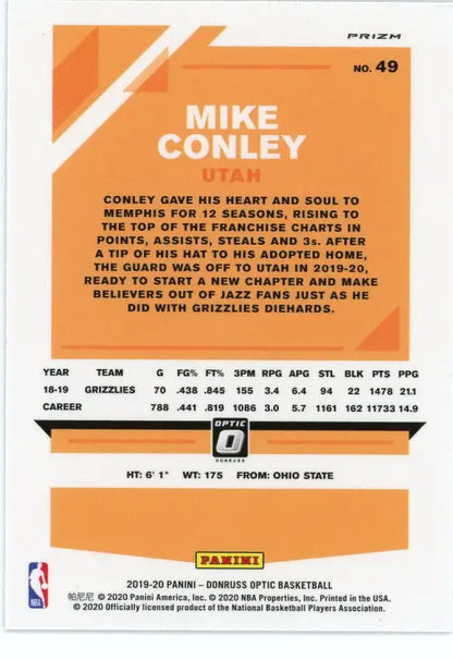 Mike Conley 2019-20 Donruss Optic Blue Velocity basketball card Utah Jazz NM-MT