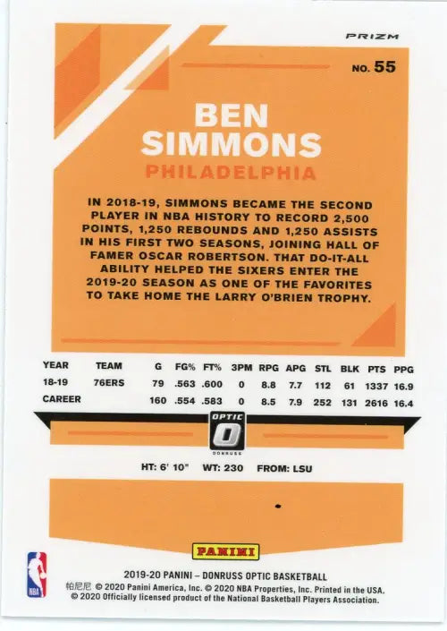 Ben Simmons 2019-20 Donruss Optic Blue Velocity #55 basketball card Philadelphia 76ers