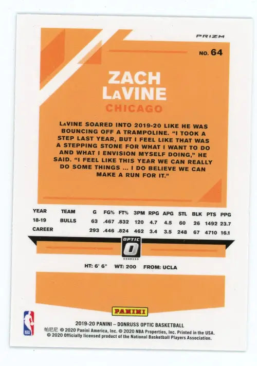 Zach LaVine 2019-20 Donruss Optic Blue Velocity basketball card from Chicago Bulls