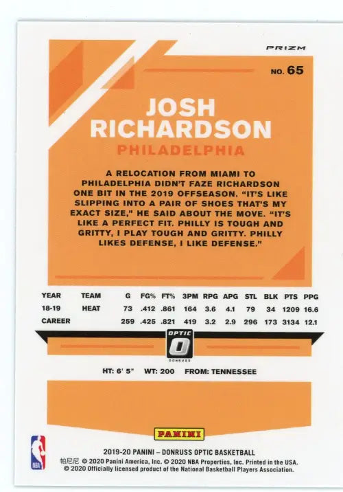 2019-20 Donruss Optic Blue Velocity #65 Josh Richardson Philadelphia 76ers NM-MT