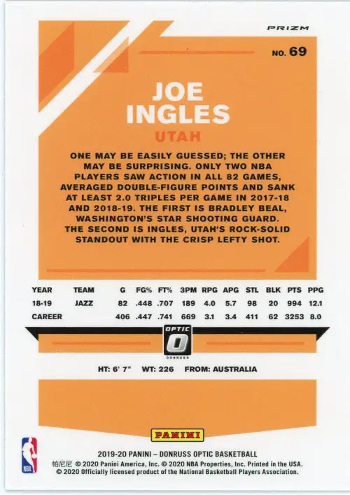 Joe Ingles 2019-20 Donruss Optic Blue Velocity basketball card from Utah Jazz