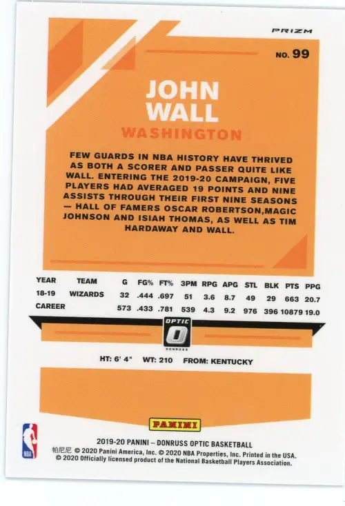 2019-20 Donruss Optic Blue Velocity #99 John Wall Basketball Card NM-MT