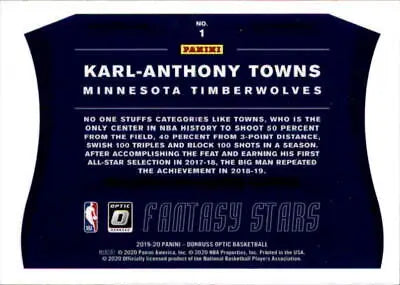 Karl-Anthony Towns 2019-20 Donruss Optic Fantasy Stars basketball card for collectors