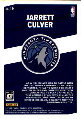 Basketball card back of 2019-20 Donruss Optic Jarrett Culver Minnesota Timberwolves NM-MT