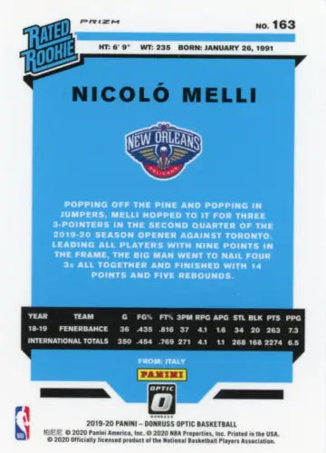 Nicolo Melli 2019-20 Donruss Optic Purple rookie basketball card New Orleans Pelicans