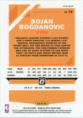 Bojan Bogdanovic 2019-20 Donruss Optic Purple Shock NBA Card Utah Jazz NM-MT