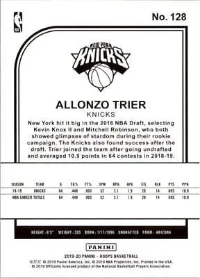 Basketball card back of Allonzo Trier from the New York Knicks NBA collection