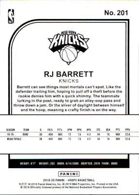 Basketball card back of 2019-20 Hoops RJ Barrett Rookie New York Knicks NBA Card