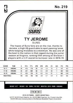 Ty Jerome Rookie Basketball Card from 2019-20 Hoops featuring Phoenix Suns 디자인