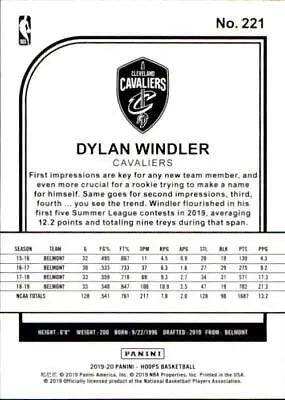 Dylan Windler Rookie basketball card from 2019-20 Hoops featuring Cleveland Cavaliers