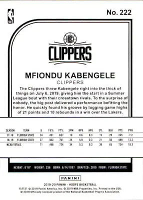 Basketball card back of 2019-20 Hoops Mfiondu Kabengele Los Angeles Clippers Rookie