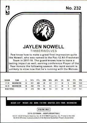 Jaylen Nowell Rookie basketball card from 2019-20 Hoops Minnesota Timberwolves NM-MT