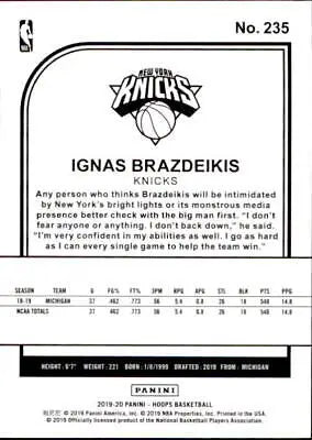 Basketball card back of Ignas Brazdeikis Rookie New York Knicks NBA Hoops 2019-20