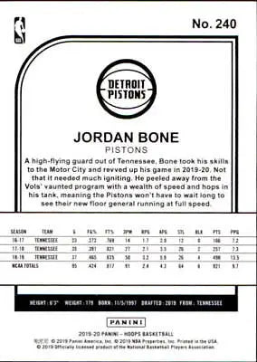 Jordan Bone Rookie Detroit Pistons NBA Basketball Card 2019-20 Hoops #240 NM-MT