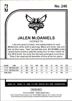 Jalen McDaniels Rookie basketball card from 2019-20 Hoops featuring Charlotte Hornets