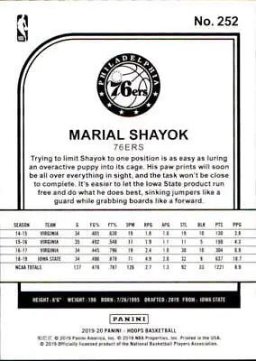 Basketball card back of 2019-20 Hoops Marial Shayok Rookie for Philadelphia 76ers