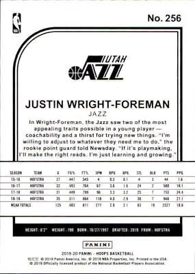 Basketball card back of 2019-20 Hoops Justin Wright-Foreman Utah Jazz Rookie