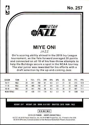 Basketball card back of 2019-20 Hoops Miye Oni Rookie Utah Jazz NM-MT