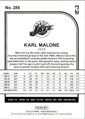 Karl Malone Utah Jazz NBA Basketball Card 2019-20 Hoops #286 NM-MT condition