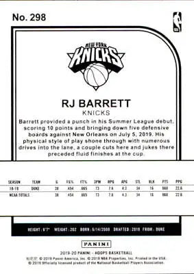 Back view of 2019-20 Hoops NBA Basketball Card featuring RJ Barrett New York Knicks