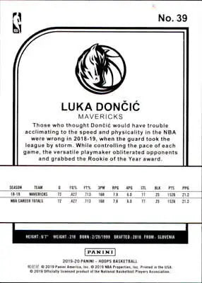 Luka Doncic Dallas Mavericks basketball card 2019-20 Hoops #39 NM-MT condition