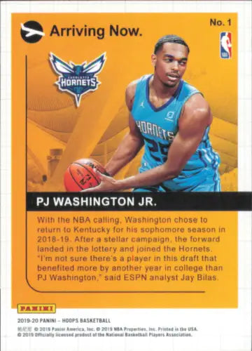 PJ Washington Jr. 2019-20 Hoops Arriving Now basketball card for Charlotte Hornets