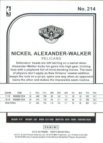 Basketball card back of 2019-20 Hoops Blue #214 Nickeil Alexander-Walker Rookie Pelicans