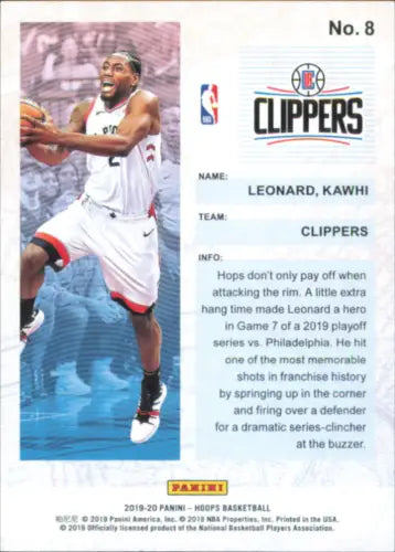 Basketball trading card of Kawhi Leonard from Hoops Frequent Flyers series 2019-20