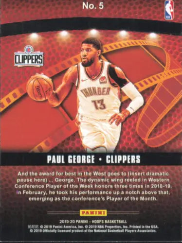 Paul George basketball card from 2019-20 Hoops Lights Camera Action Holo set