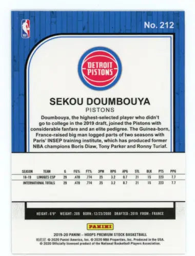 Sekou Doumbouya basketball card from 2019-20 Hoops Premium Stock featuring Detroit Pistons