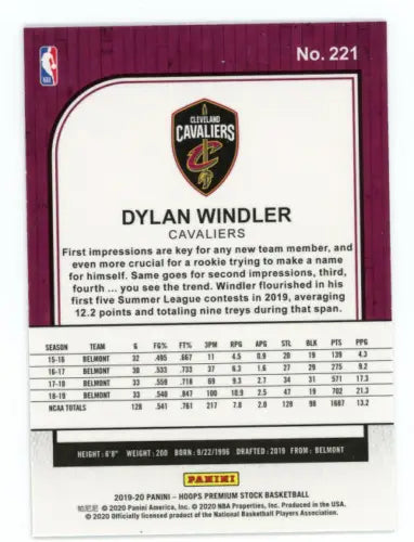 Dylan Windler Rookie basketball card from 2019-20 Hoops Premium Stock Cleveland Cavaliers