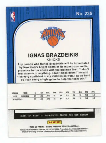 Basketball card back of 2019-20 Hoops Premium Stock Ignas Brazdeikis Rookie NM-MT