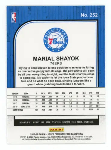 Basketball card back of 2019-20 Hoops Premium Stock Marial Shayok Rookie 76ers