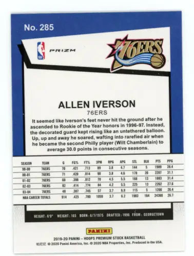 Allen Iverson 76ers card from 2019-20 Hoops Premium Stock Blue Cracked Ice NM-MT