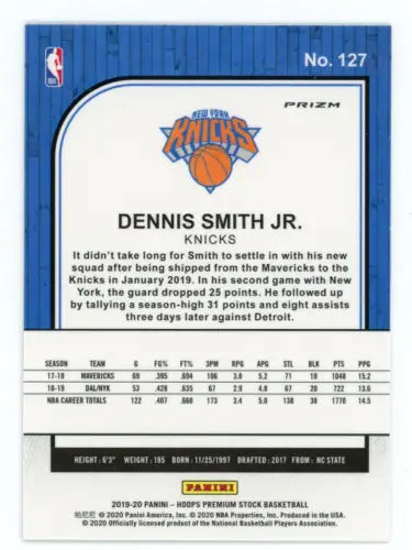 Dennis Smith Jr. 2019-20 Hoops Premium Stock Green basketball card from NBA Knicks