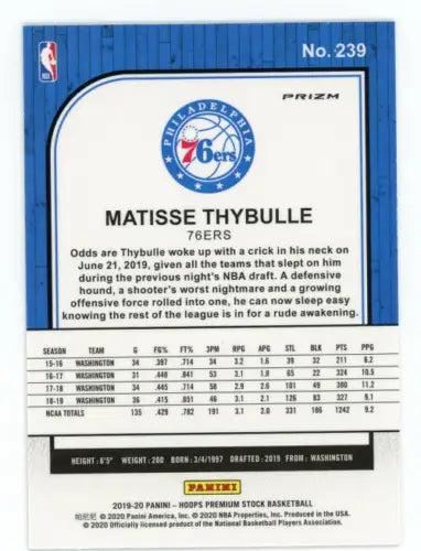 Matisse Thybulle Rookie 76ers Card from 2019-20 Hoops Premium Stock Green #239