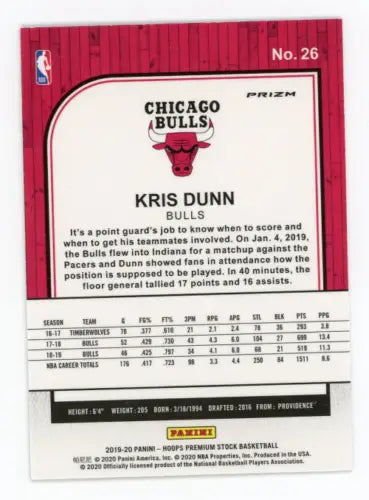 Kris Dunn basketball card from 2019-20 Hoops Premium Stock Green Chicago Bulls NM-MT