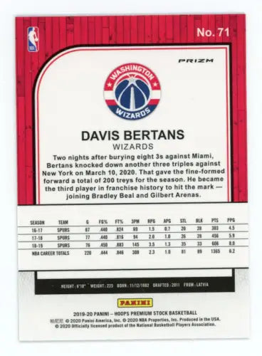 Davis Bertans basketball card from 2019-20 Hoops Premium Stock Green #71 Wizards NM-MT