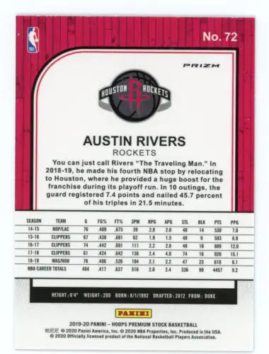 Austin Rivers 2019-20 Hoops Premium Stock Green basketball card from Houston Rockets